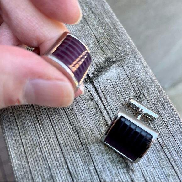 🟪 🟪 Kenneth Cole New York Amethyst Purple Striped Glass Silver Tone Cufflinks - Picture 6 of 12
